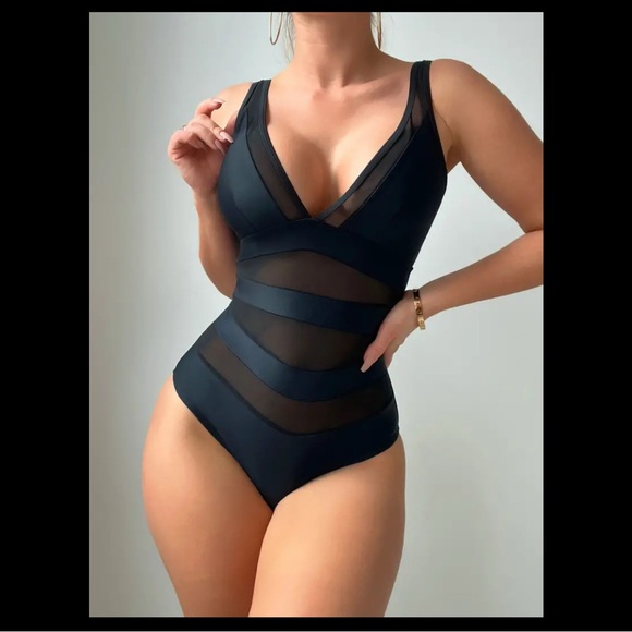 Tummy Control bodysuit V Neck High Cut Contrast Mesh Backless 1 Piece Swimsuit - Picture 4 of 10